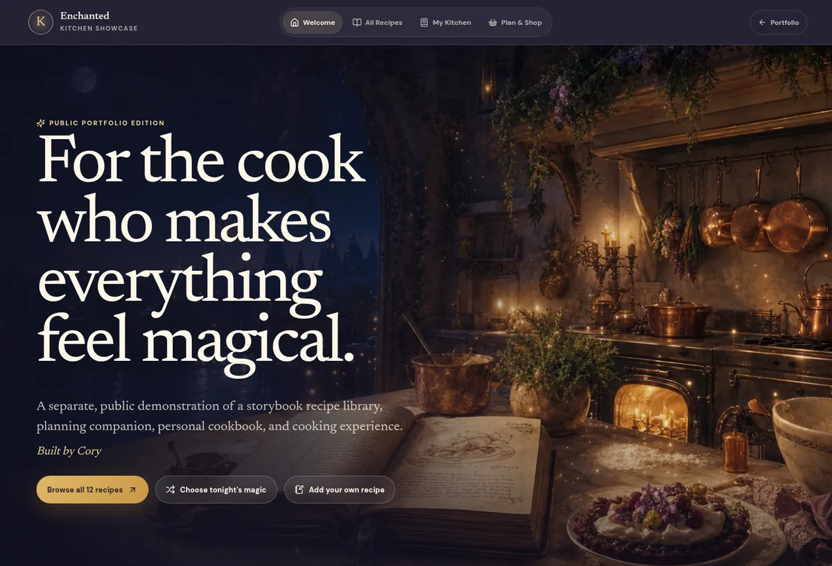 Enchanted Kitchen storybook recipe showcase with a candlelit magical kitchen