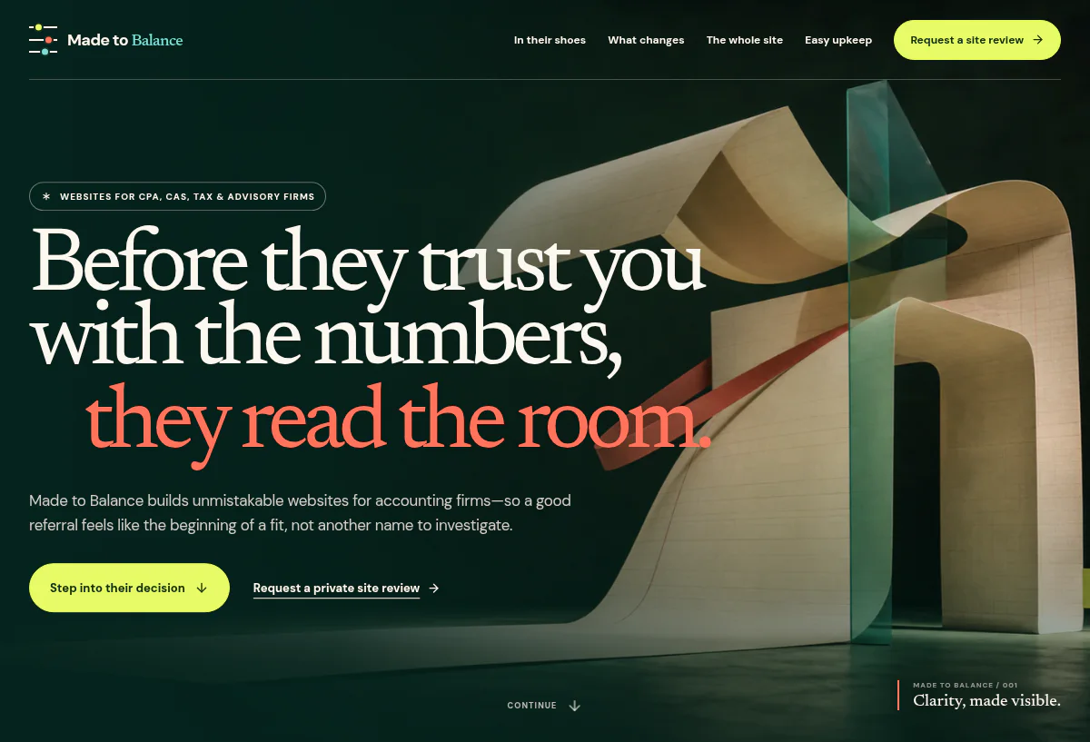 Made to Balance homepage with cinematic ledger sculpture, editorial accounting-firm messaging, and a bright site-review call to action
