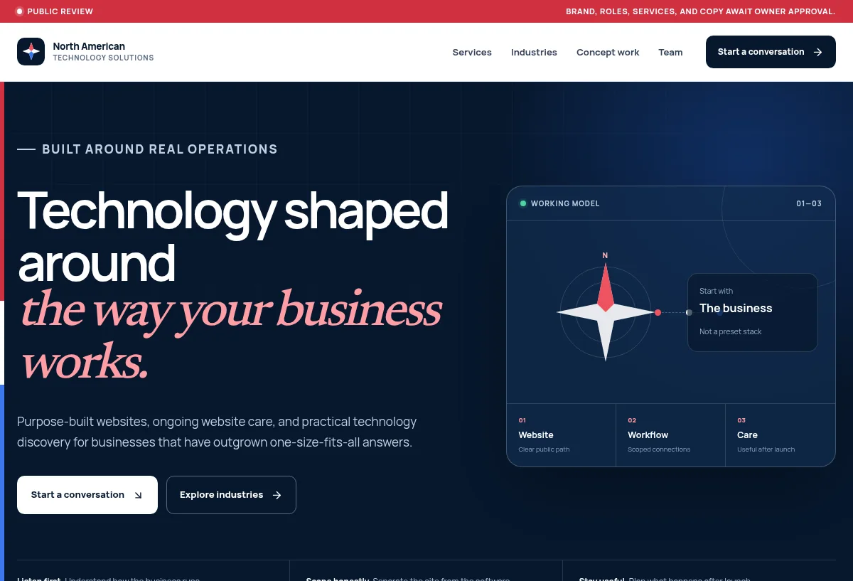 North American Technology Solutions public-review homepage with red, white, and blue branding and a business-first technology message