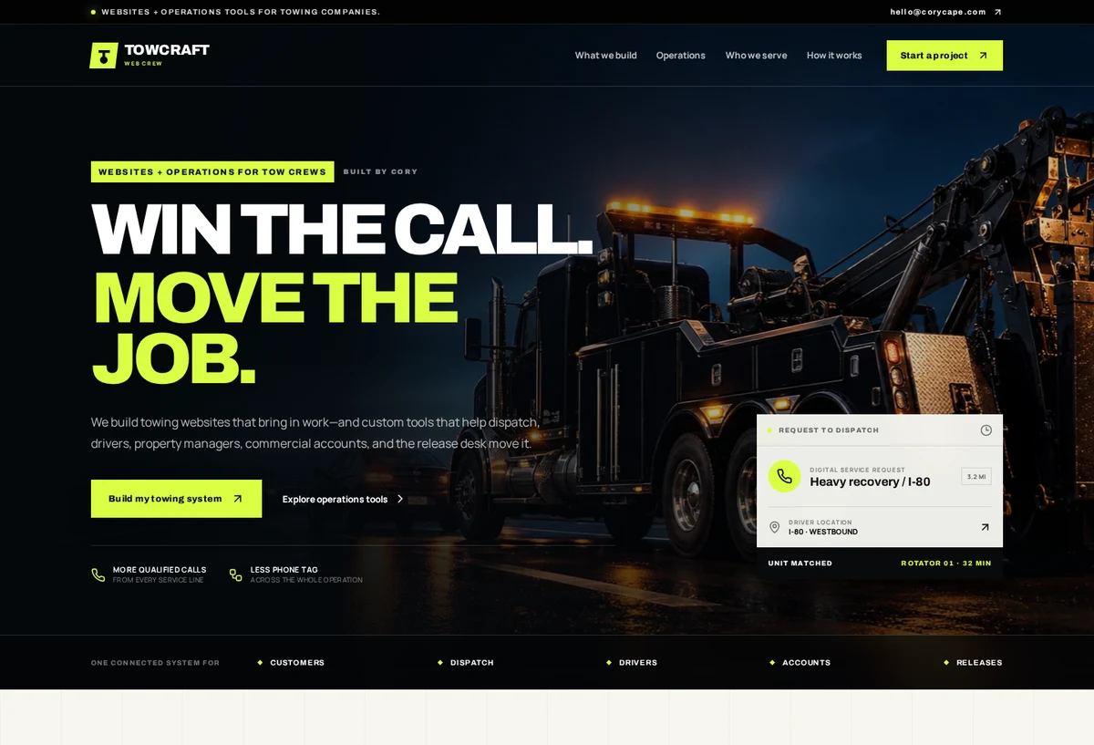 TowCraft homepage with bold typography, a heavy recovery truck, and bright signal-green calls to action
